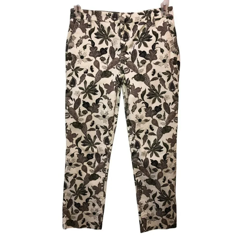 Tory Burch Size 25 White Beige Leaves Stretch Pockets Flat Front Chino Pants